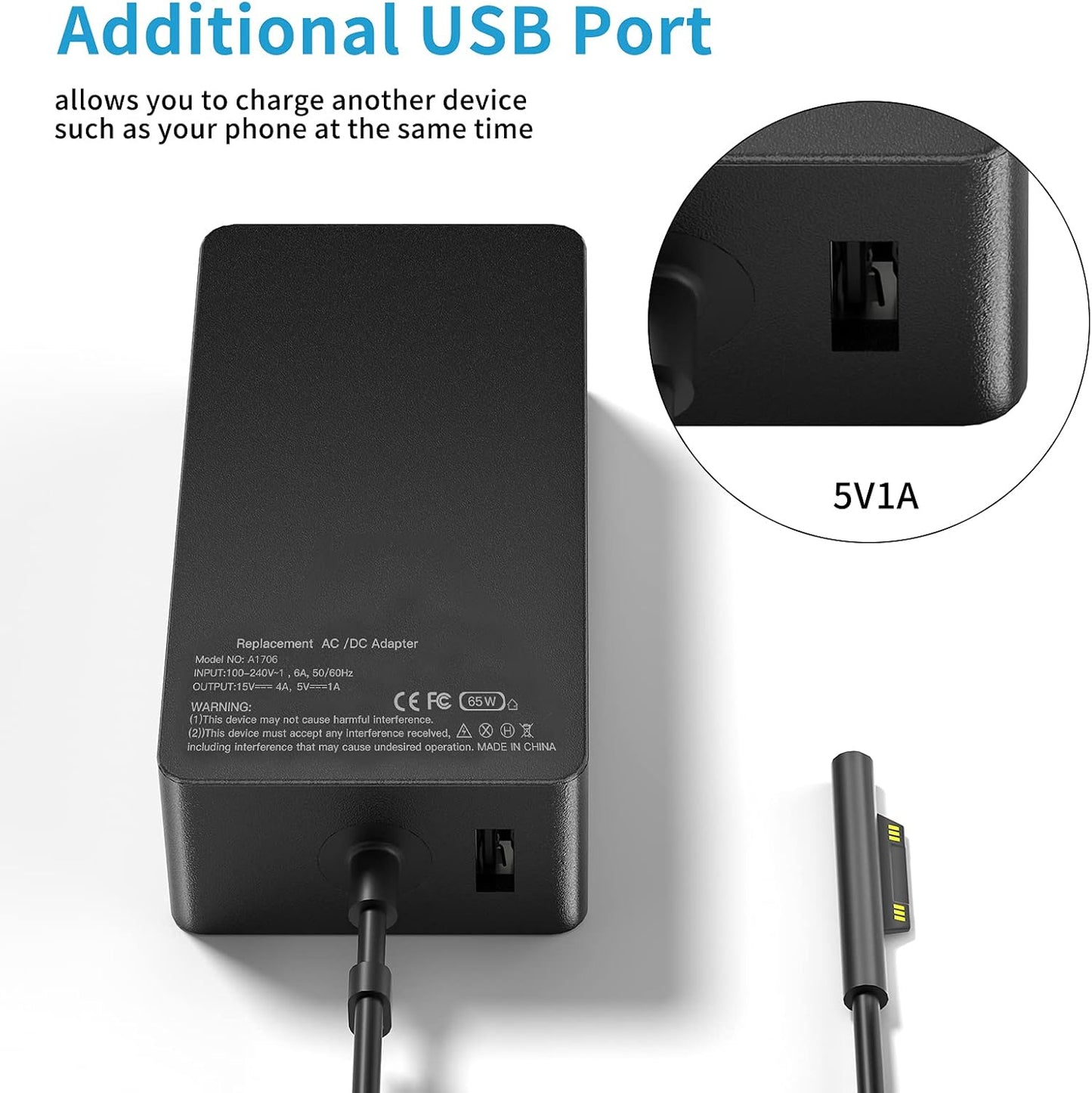 Surface Pro Charger Surface Laptop Charger 65W, for Surface Pro 9/8/7/6/5/4/3/X Surface- Go 3/2/1 Surface Laptop 5/4/3/2/1 Surface Book 3/2/1 Microsoft- Refurbished